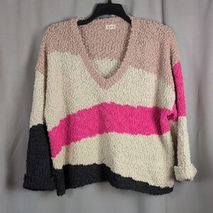 POL Colorblock V-Neck Sweater in Pink, Cream, and Black Oversized Fit Small Boho